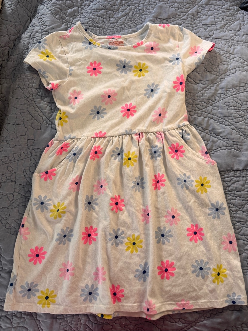 Girls' Floral Pocket Dress - white, Pink, Yellow & Blue LG 10/12
